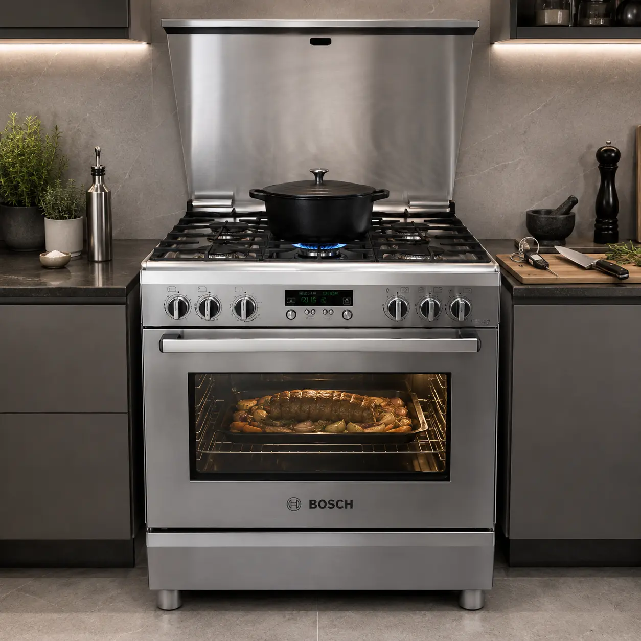 Cocina a gas de acero inoxidable con luz cálida encendida dentro del horno en un entorno elegante